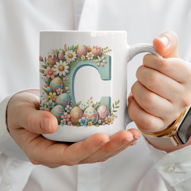 Caneca De Café Monograma Floral Personalizado De páscoa Com Nome (Criador carregado)