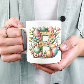 Caneca De Café Monograma Floral Personalizado De páscoa Com Nome