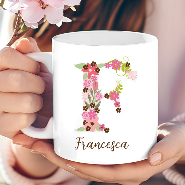 Caneca De Café Monograma Floral Personalizado F (Personalized Monogram Floral Letter F Coffee Mug)