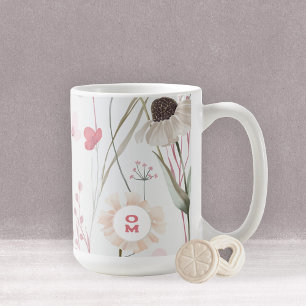 Caneca De Café Monograma Floral Romântico em Tons de Malva e Sage