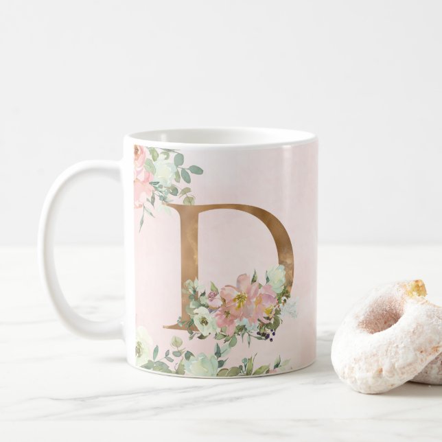 Caneca De Café Monograma Floral Rosa Elegante D Café Mug (Com Donut)