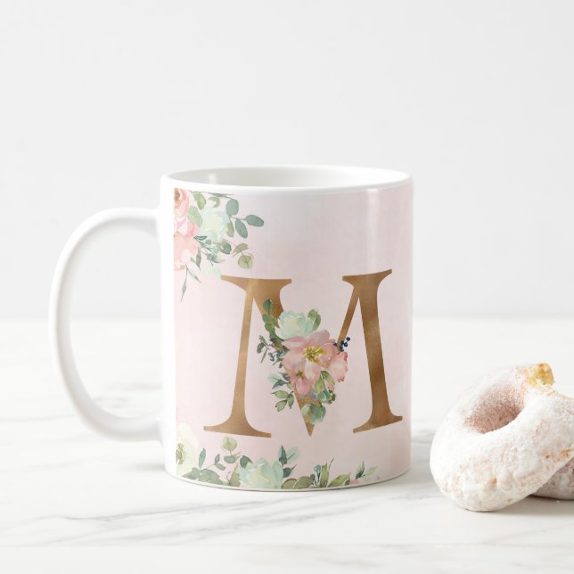 Caneca De Café Monograma Floral Rosa Elegante M Café Mug (Com Donut)