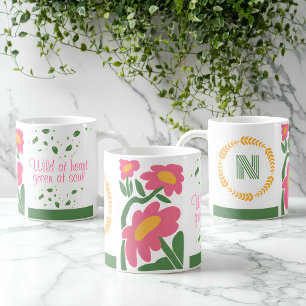 Caneca De Café Monograma Floral - Selvagem no Coração, Verde na A