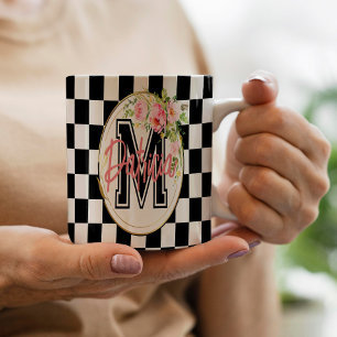 Caneca De Café monograma floreal a preto e branco