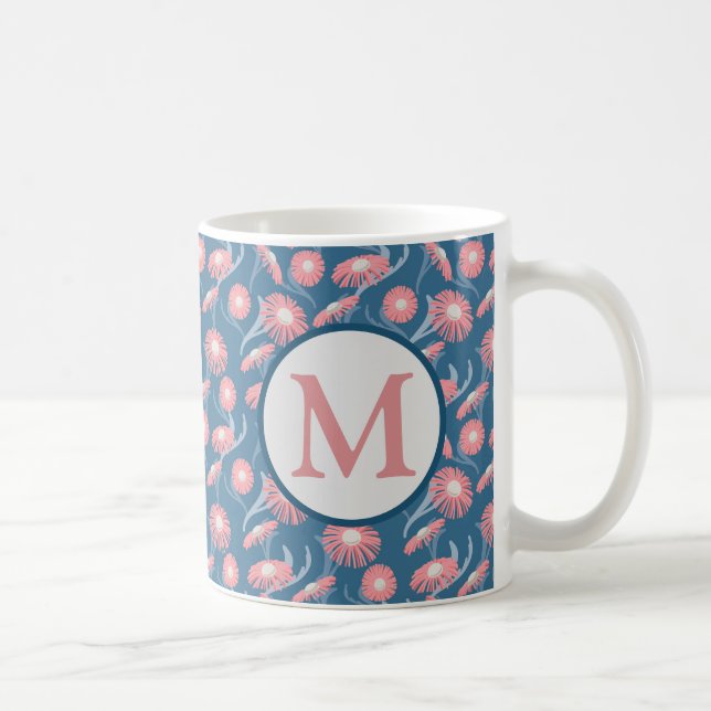 Caneca de Café Monograma Flores Rosa Azul para Mãe (Direita)