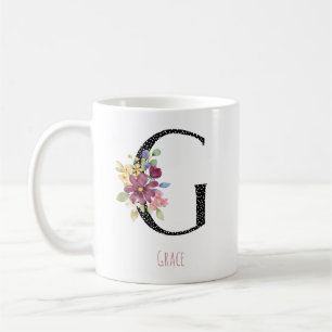 Caneca De Café Monograma G de Aquarela Floral com Pontos Pretos