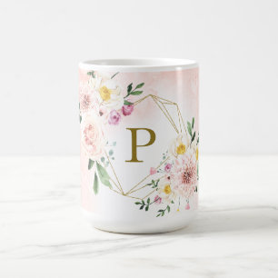 Caneca De Café Monograma Geométrico Dourado Floral Rosa Pálido