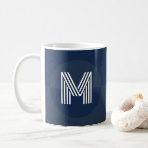 Caneca De Café Monograma Geométrico Moderno Azul-Marinho Chic