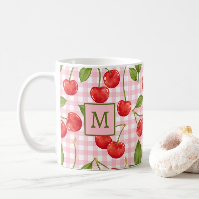Caneca De Café Monograma - Gingham Rosa e Cereries Mug (Com Donut)