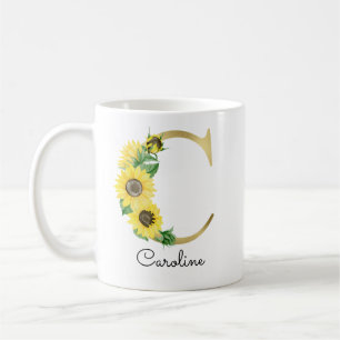Caneca De Café Monograma Girly Floral Inicial Sol C Dourado