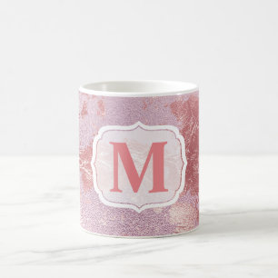 Caneca De Café Monograma Glamouroso de Folha de Pink e Moldura Br