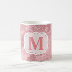 Caneca De Café Monograma Glamouroso de Folha de Pink e Moldura Br