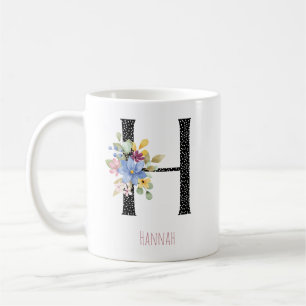 Caneca De Café Monograma H em Aquarela Floral com Pontos Pretos