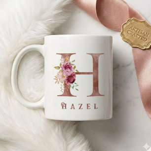 Caneca De Café Monograma H Floral em Dourado Rosa Personalizado