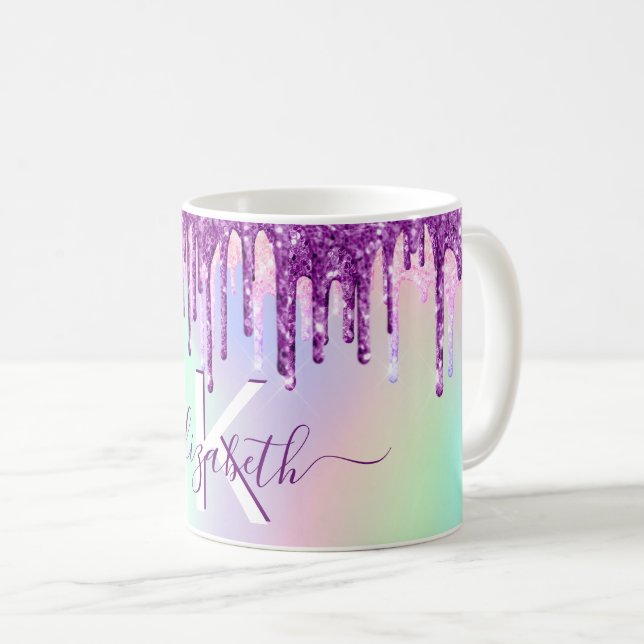Caneca De Café Monograma holográfico com brilho rosa púrpura (Frente Esquerda)