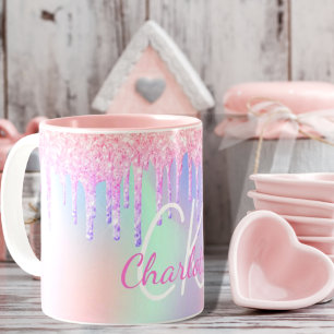 Caneca De Café Monograma holográfico unicórnio glitter nome arco-