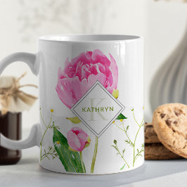 Caneca De Café Monograma Ilustrada de Peônia Rosa e Margarida