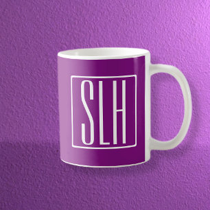 Caneca De Café Monograma Inicial 3 Bold Moderno Branco e Roxo