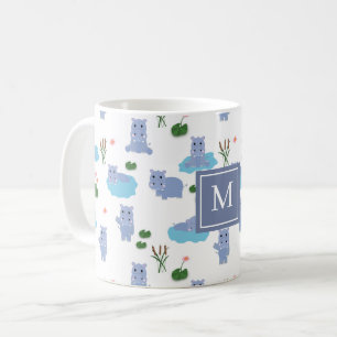 Caneca De Café Monograma Inicial de Hipopótamo Fofo