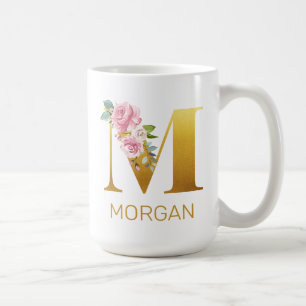 Caneca De Café Monograma Inicial de Nome Floral Personalizado