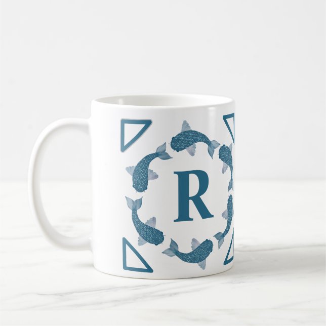 Caneca De Café Monograma inicial de peixe Koi azul (Esquerda)