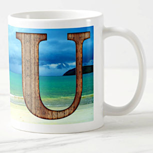 Caneca De Café Monograma Inicial em Madeira Letra U Praia Oceânic