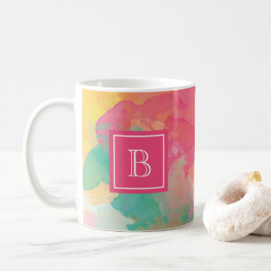 Caneca De Café Monograma Inicial Floral Aquarela Abstrata Rosa