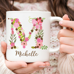 Caneca De Café Monograma Inicial Floral Personalizado M Flor Rosa