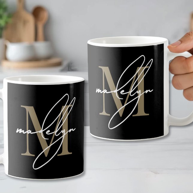 Caneca De Café Monograma Inicial Ouro Preto (Black Gold Initial Name Monogram Coffee Mug )