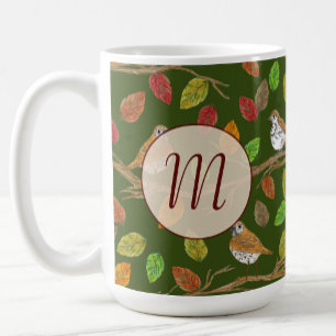Caneca De Café Monograma inicial personalizado de pássaros e folh