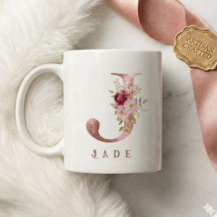 Caneca De Café Monograma J Floral em Dourado Rosa Personalizado