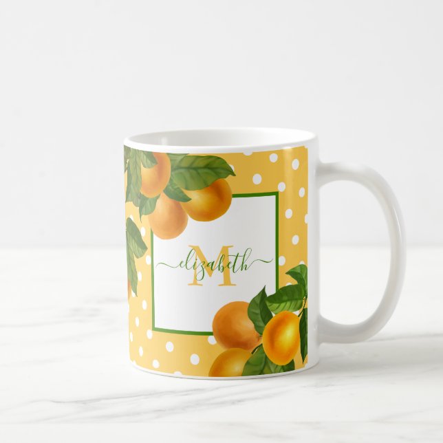 Caneca De Café Monograma laranjas de citrinos pontos de aquarela (Direita)