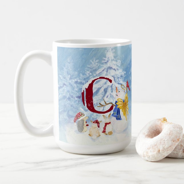 Caneca De Café Monograma - Letra C Snowy Christmas Angel Snowman (Com Donut)