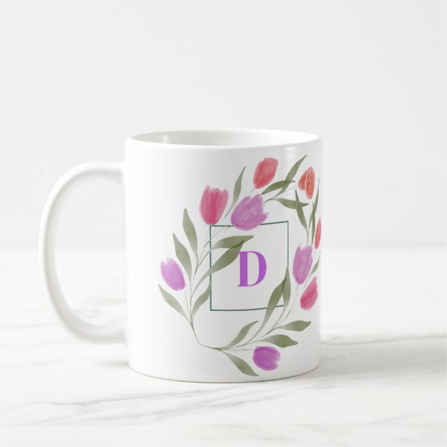 Caneca De Café Monograma - Letra D Púrpura e branca com flores (Esquerda)