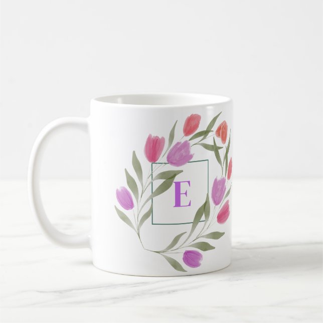 Caneca De Café Monograma - Letra E Púrpura e branca com flores (Esquerda)