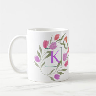 Caneca De Café Monograma - Letra F Púrpura e branca com flores