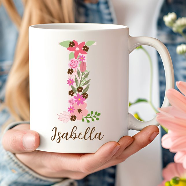 Caneca De Café Monograma - Letra Floral I Personalizada (Personalized Monogram Floral Letter I Coffee Mug)