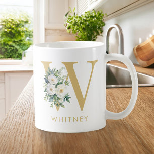 Caneca De Café Monograma - Letra Floral Nome Inicial