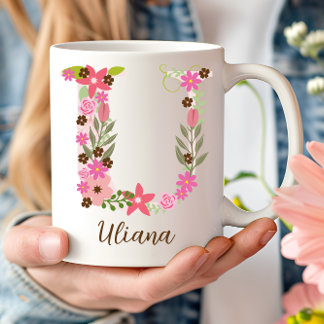 Caneca De Café Monograma - Letra floral U personalizada