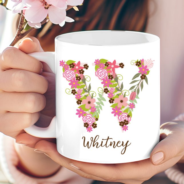 Caneca De Café Monograma - Letra floral W personalizada (Personalized Monogram Floral Letter W Coffee Mug)