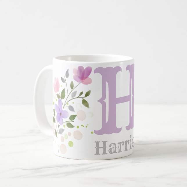 Caneca De Café Monograma - Letra H & Name com Flores (Frente Esquerda)