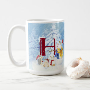 Caneca De Café Monograma - Letra H Winter Trees Christmas Snowman
