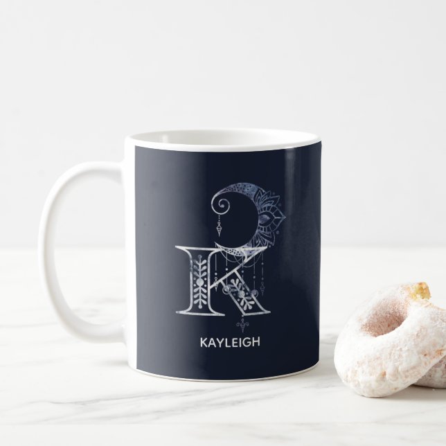 Caneca De Café Monograma - Letra K Boho Crescent Moon Mandala (Com Donut)