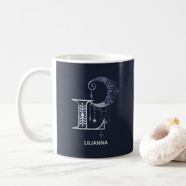 Caneca De Café Monograma - Letra L Boho Crescent Moon Mandala (Com Donut)