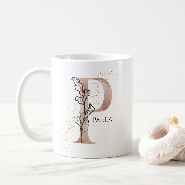 Caneca De Café Monograma - Letra Moderna Inicial P Boho Personali (Com Donut)