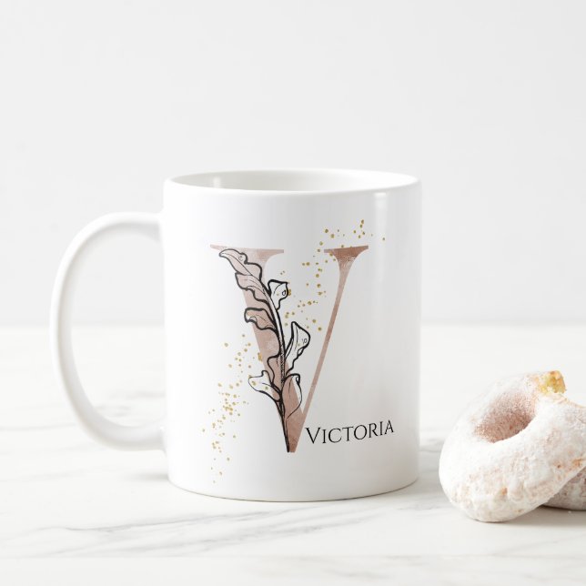Caneca De Café Monograma - Letra Moderna Inicial V Boho Personali (Com Donut)
