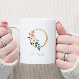 Caneca De Café Monograma Letra O Dourada   Floral Rosa Branco Ver