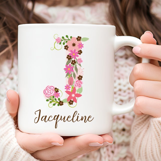 Caneca De Café Monograma - Letra oral J personalizada (Personalized Monogram Floral Letter J Coffee Mug)
