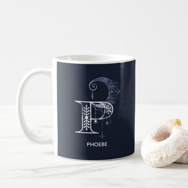 Caneca De Café Monograma - Letra P Boho Crescent Moon Mandala (Com Donut)