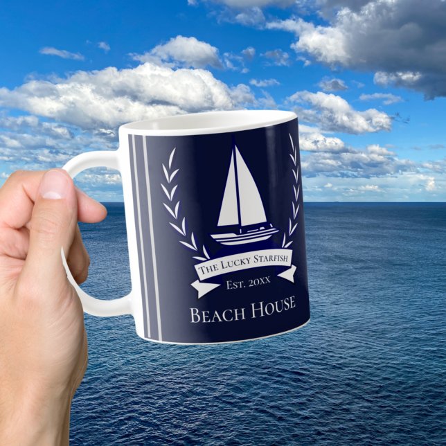 Caneca De Café Monograma litoral azul Marinho náutico (Criador carregado)